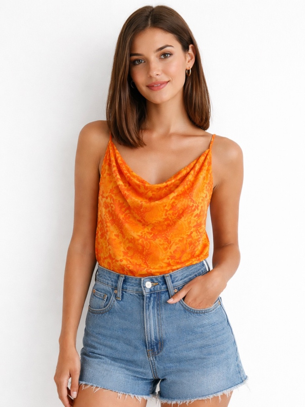 90s Orange Floral Tank Top Large Vintage Y2K Sleeveless Retro